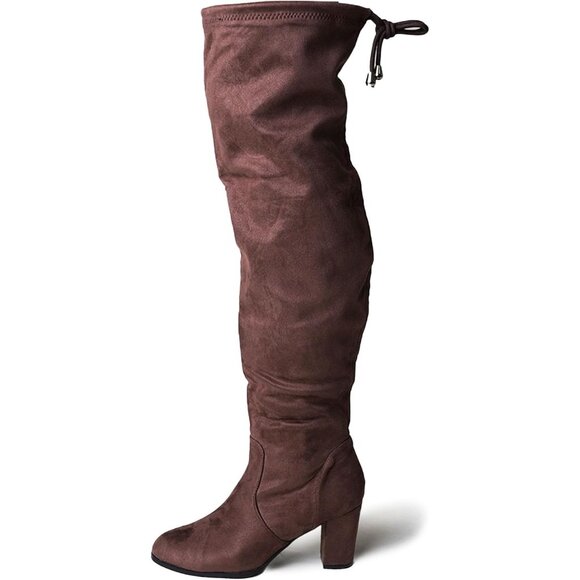 Women Brown Vegan Suede Polyurethane Over-the-Knee Chunky Heel Rounded Toe Boot - Picture 1 of 5